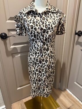 Teri Jon Leopard-Print Button-Front Midi Dress - Beige/Brown/Black